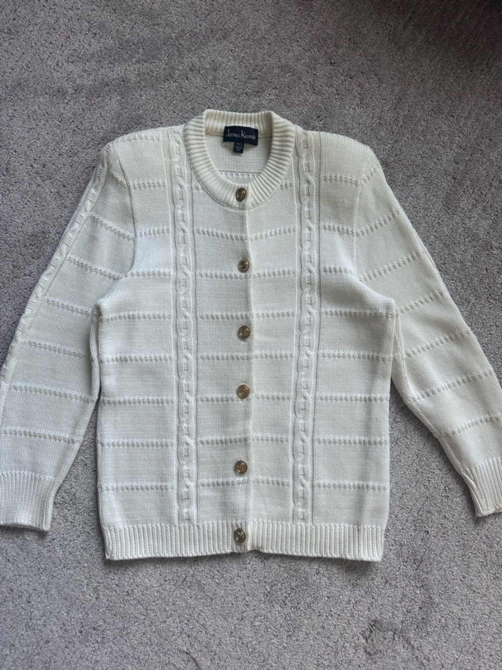 Vintage 90s Cream Cotton Cardigan Gold Crest Buttons USA S - Picture 10 of 13